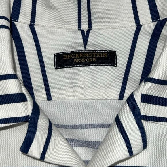 Beckenstein Bespoke Button Front White Blue Stripe Tailored Cotton Shirt #92 - Picture 5 of 5